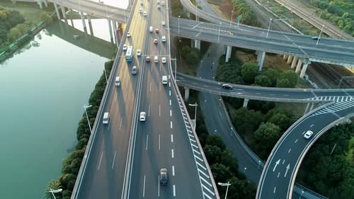 Aerial View of Road Junction with Moving Cars Road Interchange or Highway Intersection with Busy