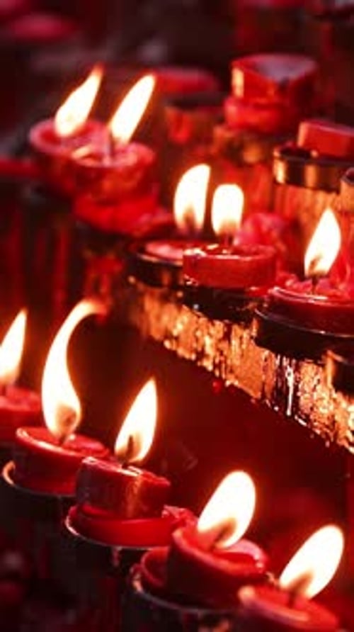 Rows of candles in a church. Vertical video.