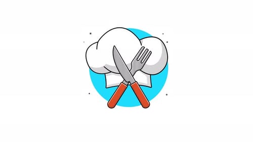 Flat Design Chef Hat with Fork and Knife Animation