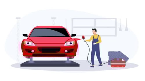 Animation of car painting inside a workshop during vehicle repair service