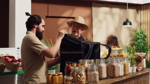 Deliveryman Prepares Bio Shop Food Order