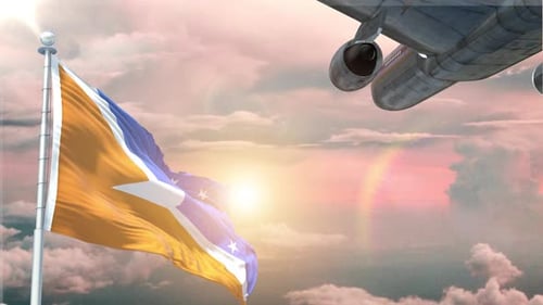Waving Flag And Flying Airplane At Sunset Travel Concept