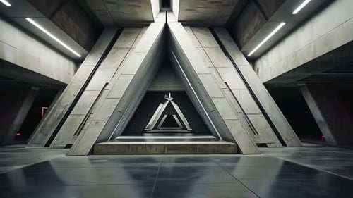 Futuristic concrete corridor with triangular architectural details