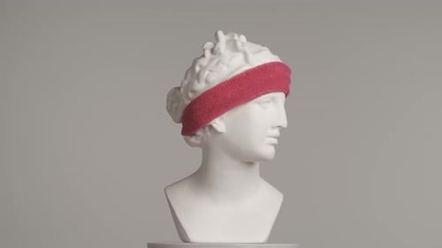 Nahaufnahme einer antiken Marmorbüste, Statue einer Frau aus der Römerzeit im Sport-Stirnband, die sich auf einer Plattform dreht