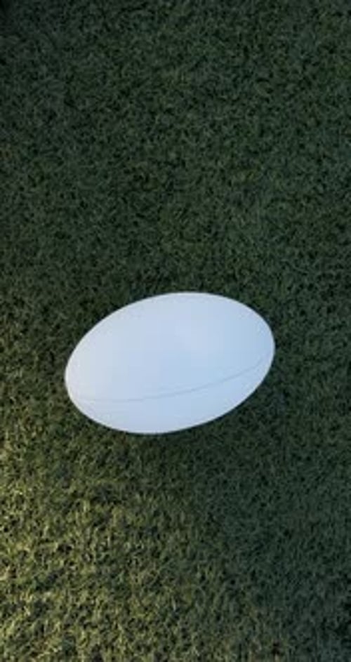 Vertical video: Rugby ball resting on green grass, ready for outdoor sports action
