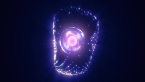 Abstract purple energy sphere with flying glowing bright particles, science