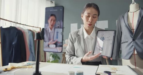 Fashion Designer Presents Design Online During Video Call