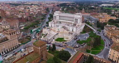 Aerial View of the National Monument to Victor Emmanuel II in City of Rome Establishing Shot of the