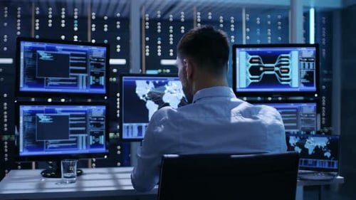 Controlador técnico trabajando en su estación de trabajo con varias pantallas. Las pantallas muestran diferentes tecnologías