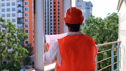 Construction Worker Examining Blueprints at Building Site
