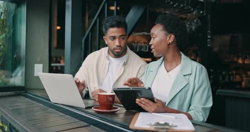 People, tech and meeting in coffee shop for business, startup management or budget planning