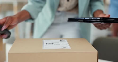 Hands, box and scanner for barcode, shipping and tablet for stock, check