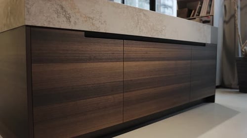 Kitchen Island Design with Stylish Stone and Wood Kitchen with Shelves for Storage in a Modern