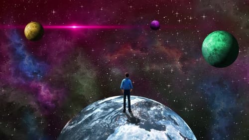 Men Standing On Earth And See The Universe Of Outer Space. Men Standing On The Earth Animation Video