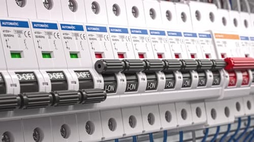 Electrical Circuit Breakers in Fuse Box Electricity Power Switch on Off 3d Animation