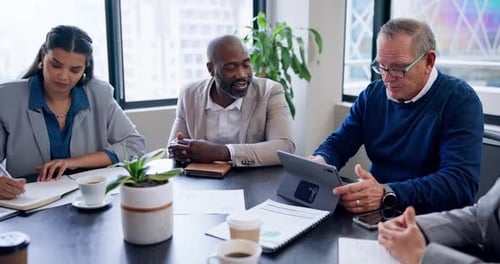 Business people, tablet talk and meeting in office with company team and smile