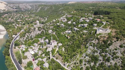 Aerial flyover view of Počitelj village, Bosnia and Herzegovina