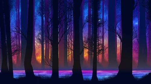 River In Parallax Forest At Beautiful Colorful Night