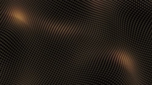 Ondas doradas sobre fondo negro. Mar digital, paisaje de puntos gráficos, ocre. Cobre ligero abstracto