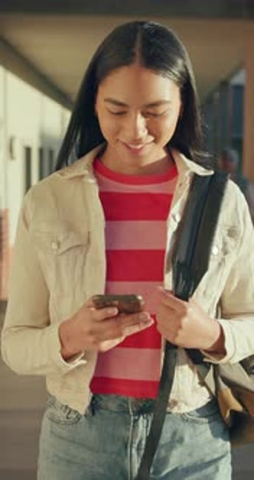 High school, smile or girl reading with phone, send message or check platform for class location