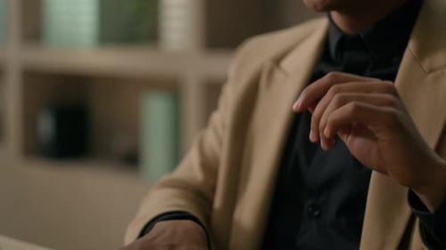 Happy Excited African American Ethnic Man Carefree Businessman Typing Email Work Laptop at Office