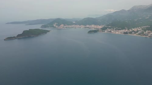 Panorama of Budva. Fantastic landscape of the Montenegrin coast. Sea and mountains.
