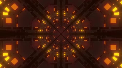 Futuristic orange glowing tunnel with geometric patterns and deep perspective