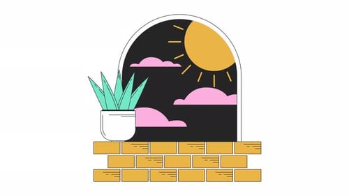 Surreal arch with plant on windowsill line 2D animation