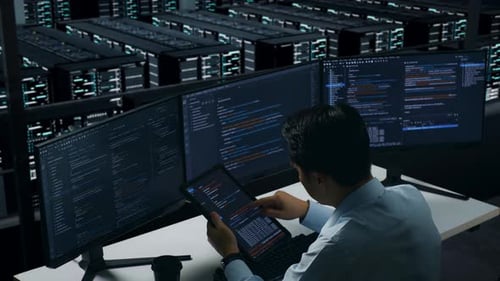 Side View Of Asian Man Developer Working With Tablet While Write Code In Data Center