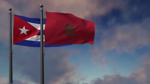 Cuban and Moroccan Flags Waving on Flagpoles Under Cloudy Sky