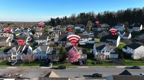 Aerial Establishing Shot of Suburban Neighborhood with WIFI Graphic