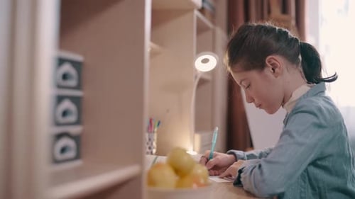 Young Girl Writing at Desk Indoors