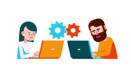 Man and woman, engage in remote teamwork using laptops, symbolizing online collaboration