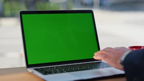 Man Hands Typing Greenscreen Laptop Sitting Hotel Lobby Closeup Manager Working