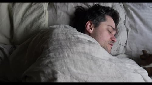 Man Sleeping Peacefully in Bed with Dog