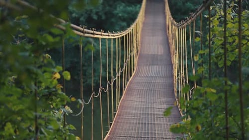 A long suspension footbridge made of metal mesh stretches across a river, surrounded by lush green
