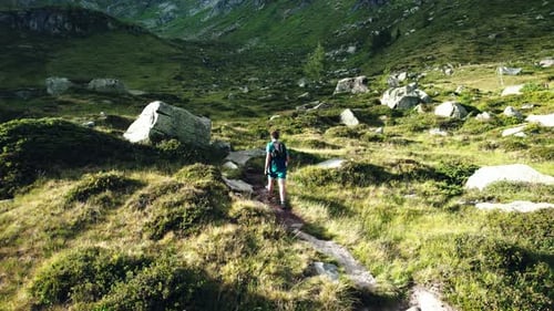 Person trekking in the Alps on a hiking trail.