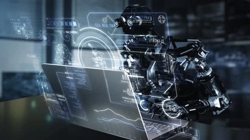 Futuristic Robot Working with Holographic User Interface on Laptop