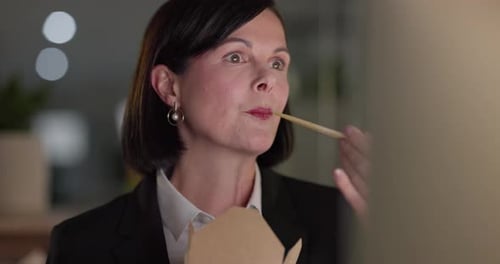Business woman, chinese food and computer for office research, night project