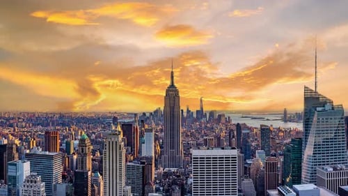 New York city skyline time lapse video from roof top with urban skyscrapers, New York, USA.