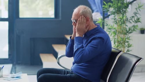 Homem idoso estressado esperando no hospital