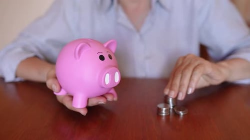 Hand Inserting Coins On Piggy Bank - Concept of Saving Money. - close up shot