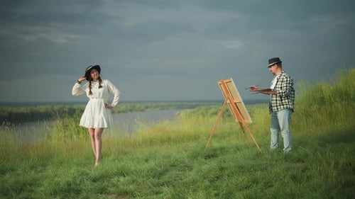 Woman Posing for Painting on Grassy Hillside