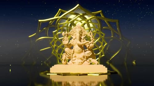 Animated Golden Ganesha Statue with Lotus Background
