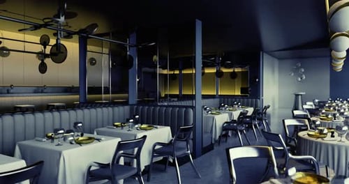 Modern Restaurant Interior with Elegant Seating and Ambient Lighting Design