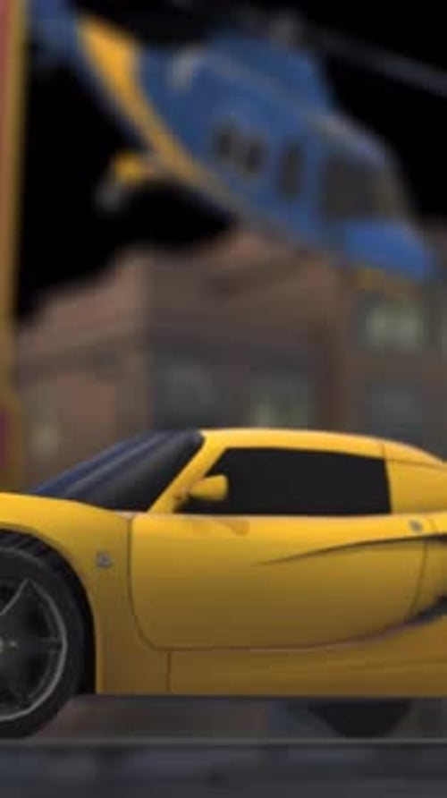 Yellow Sport Car And Helicopter In The City 3D Animation Vertical On Alpha Channel