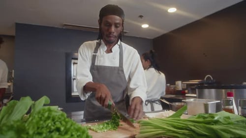 Chef Cutting Bunch Onion Cooking Salad at Cafe Kitchen