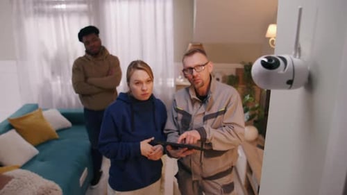 El instalador configura una cámara de seguridad para la familia