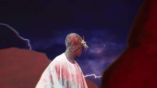 Humanoid schaut sich mit Blitzen im Hintergrund um 3D-Render VJ Loop