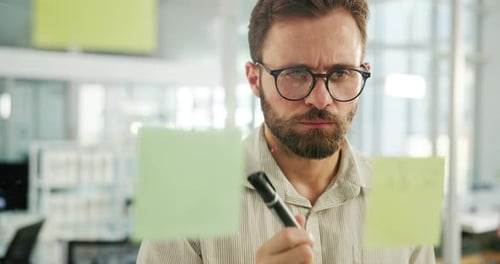 Office, businessman and thinking with sticky note for writing, brainstorming and project solution